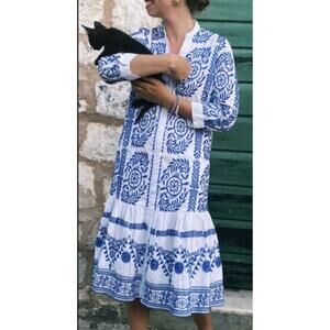 Blue White Print Ruffle Midi Button Front Dress Size Small